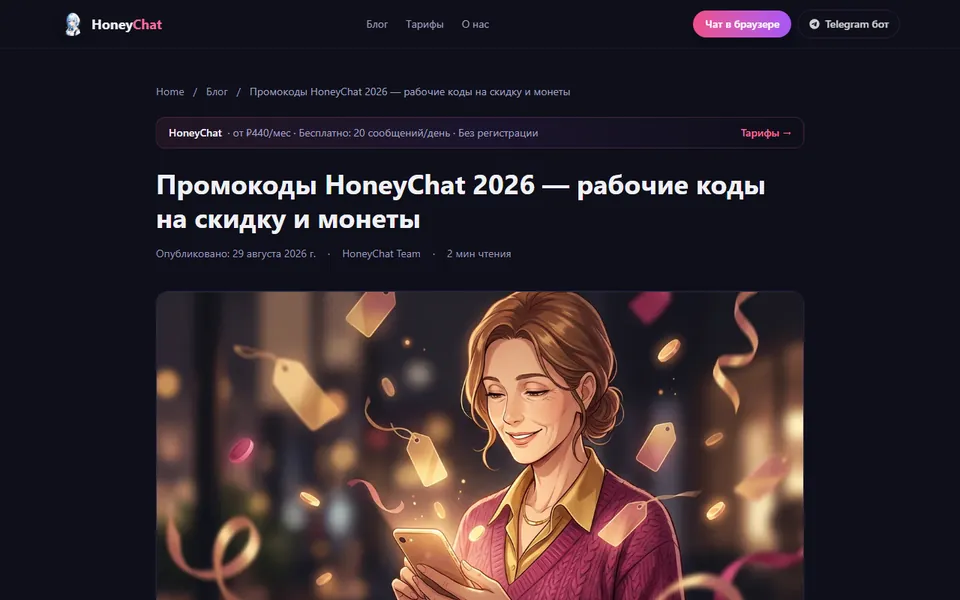 Блог HoneyChat: страница с рабочими промокодами на скидку и монеты